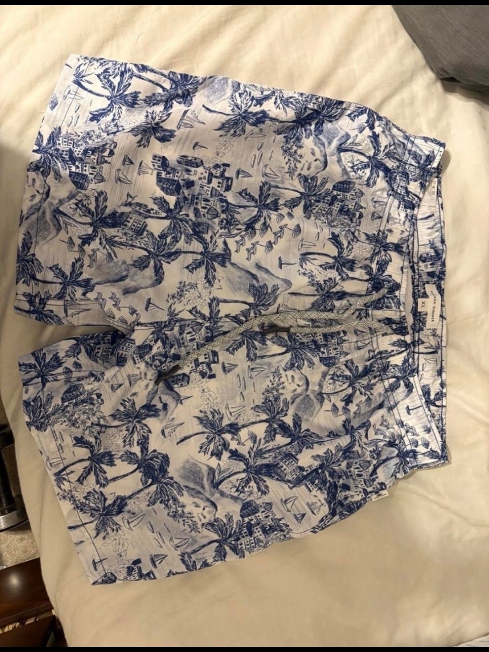 Blue and White Tropical Print Mens Swim Shorts